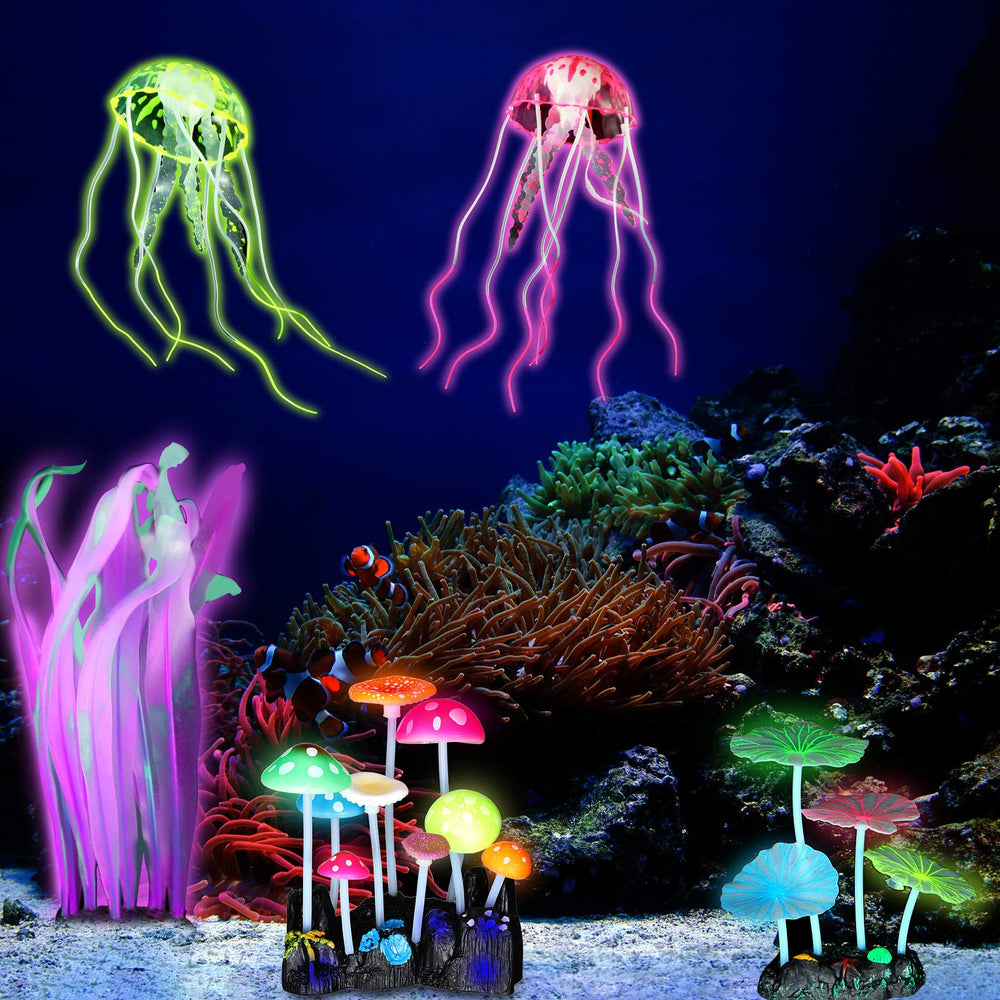 Frienda corail simulé lumineux vert anime le décor subaquatique.