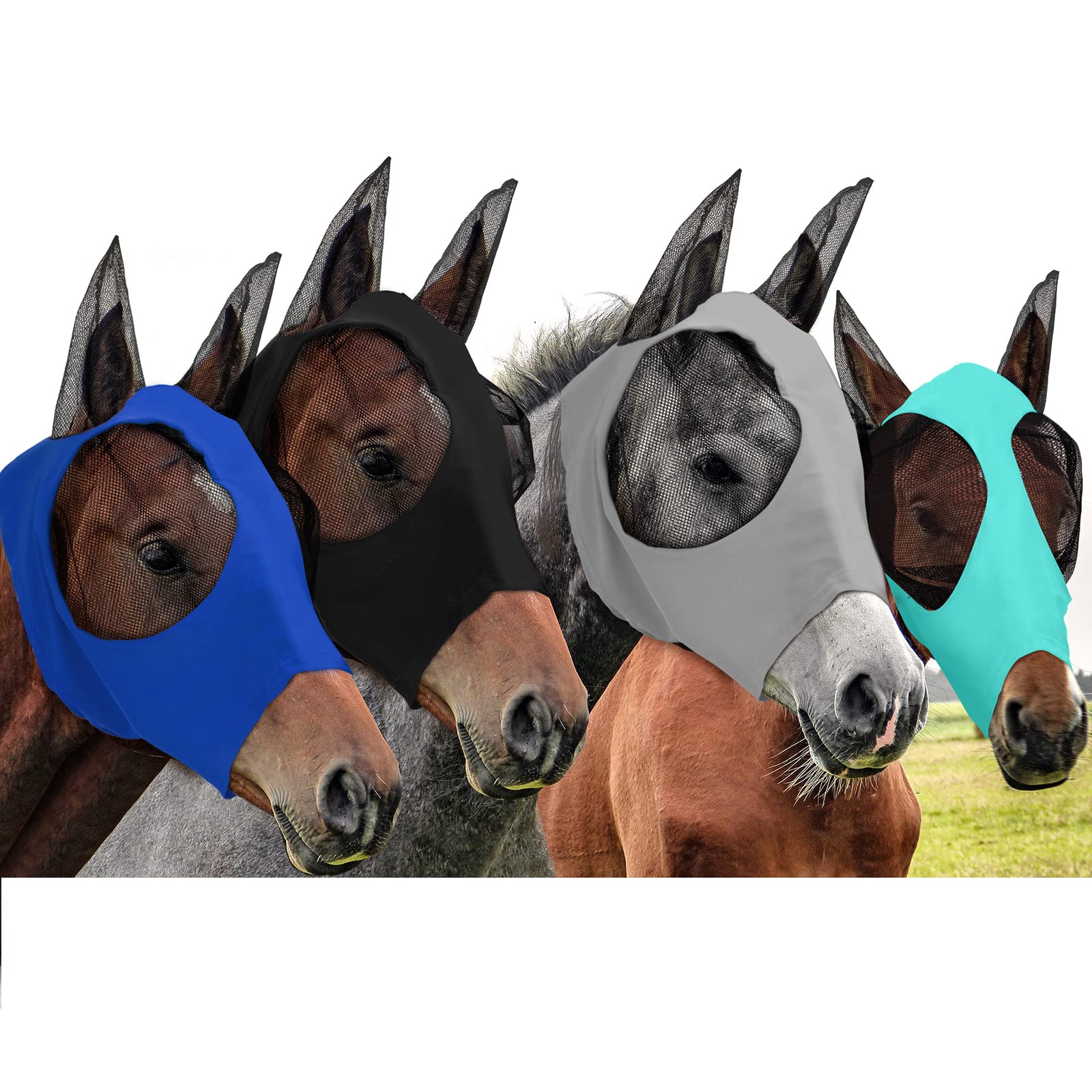 Frienda masque anti-mouche cheval ensemble quatre couleurs, prêt pour l'usage quotidien.