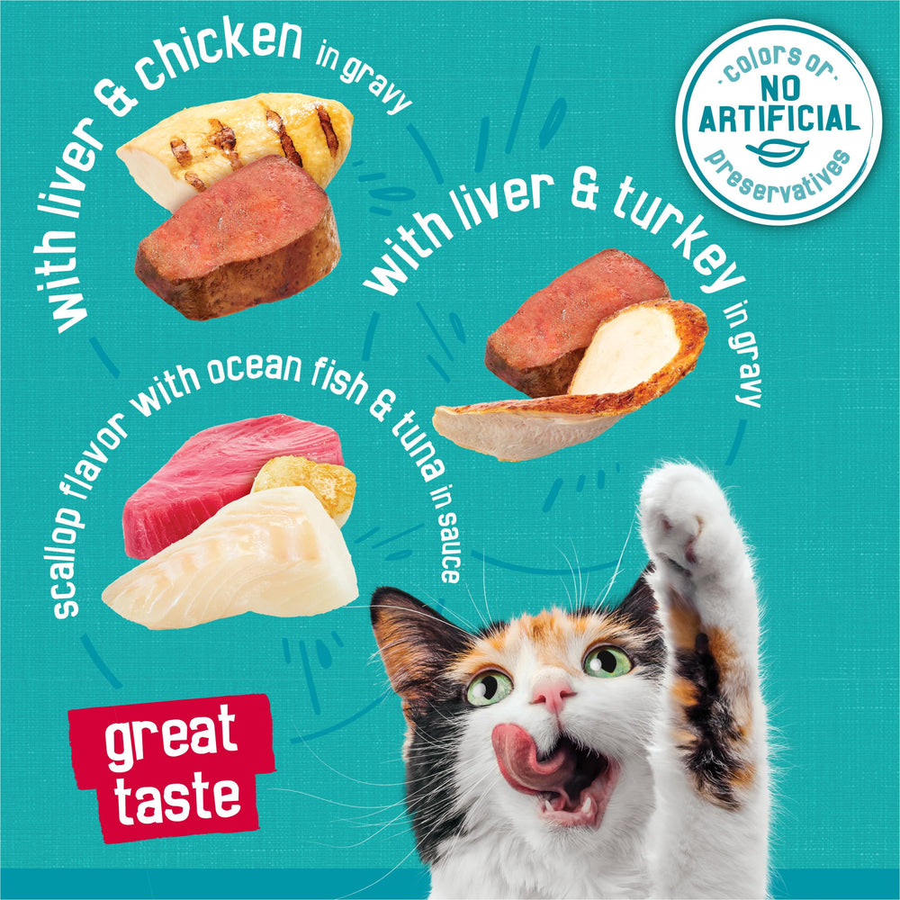 Friskies Assortiment Chat Filets Prime: variété d’ingrédients pour divers repas.