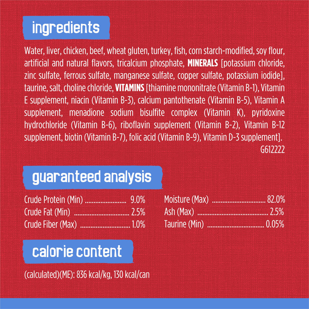 Friskies boeuf emince dans sauce, enrichi en vitamines et minéraux essentiels.