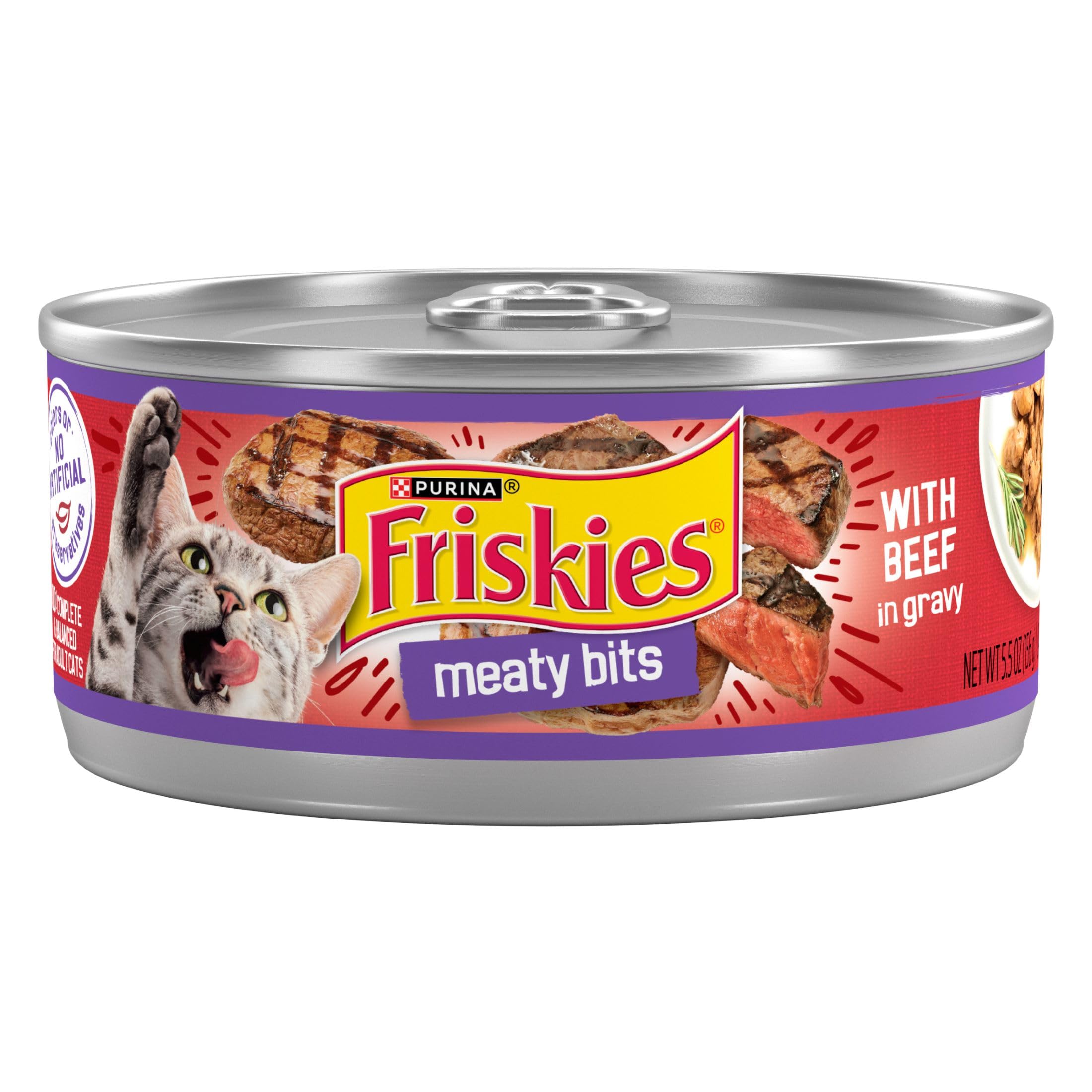 Friskies boeuf en sauce, boîte 5,5 oz, saveur appétissante pour chats adultes.