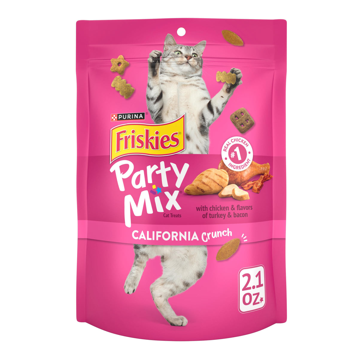 Friskies California Crunch: poche ouverte avec friandises croquantes, récompense légère.