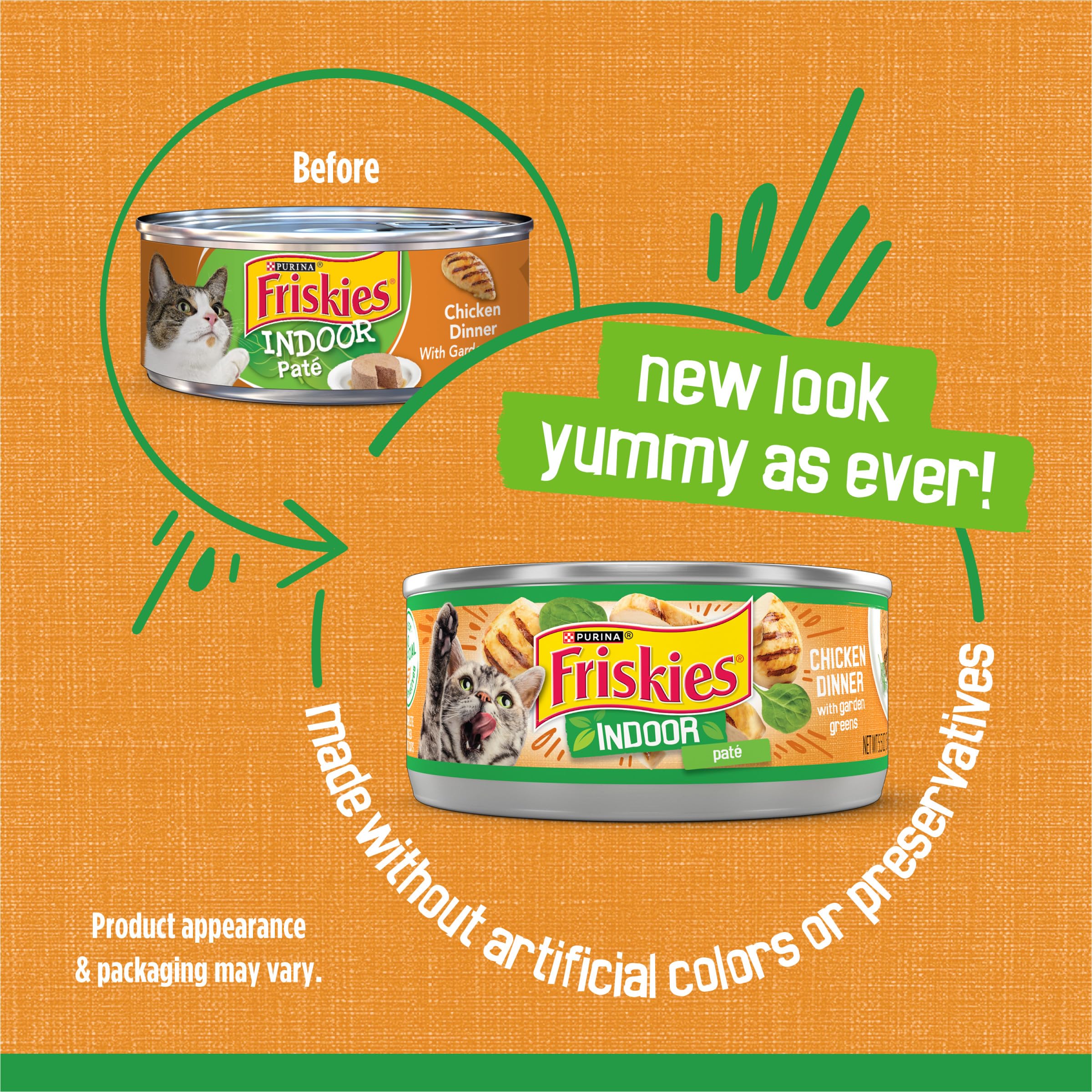 Friskies Indoor Pâté Poulet : texture soyeuse attire le regard du chat.