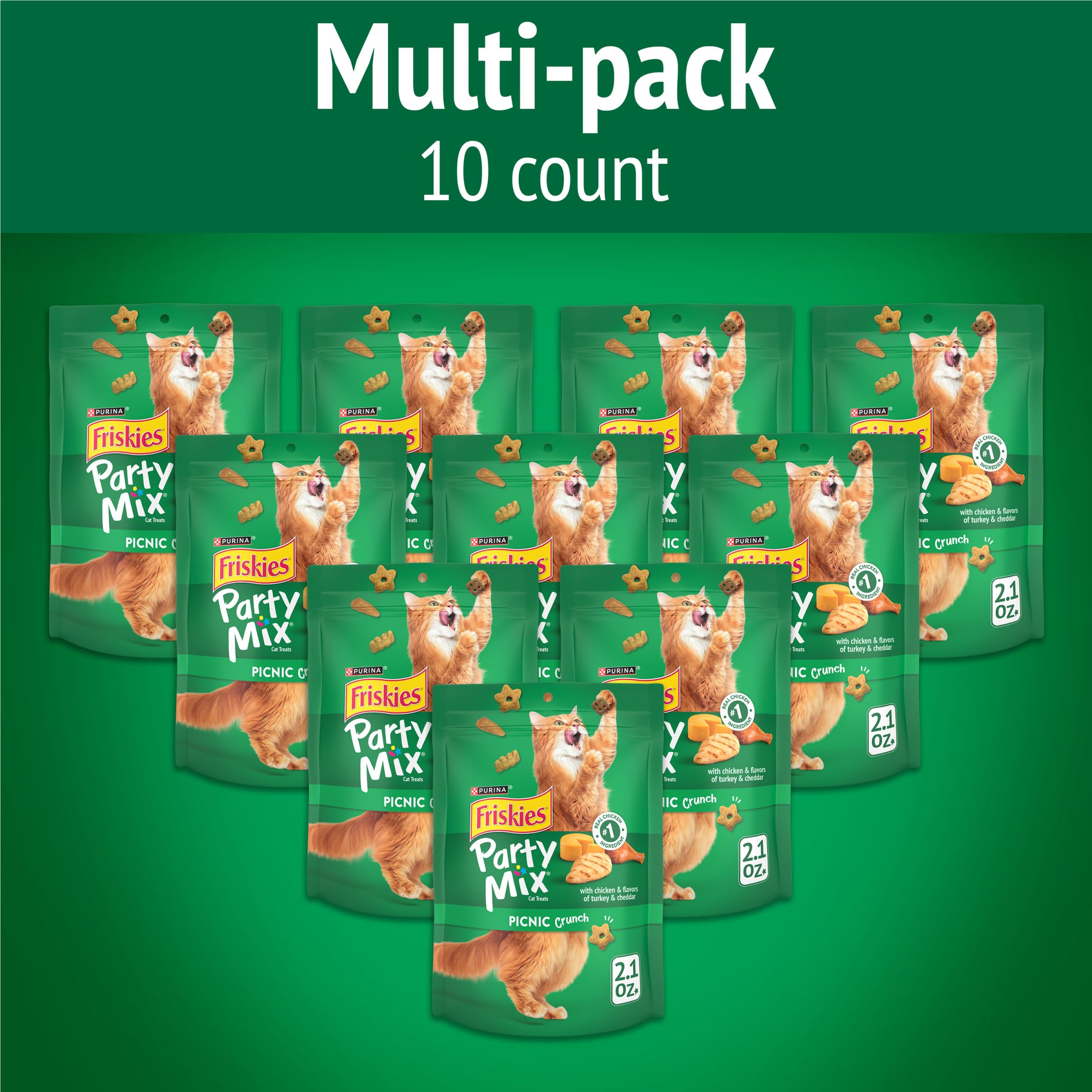Purina Friskies Party Mix Picnic Crunch saveur dinde et cheddar pour le plaisir.