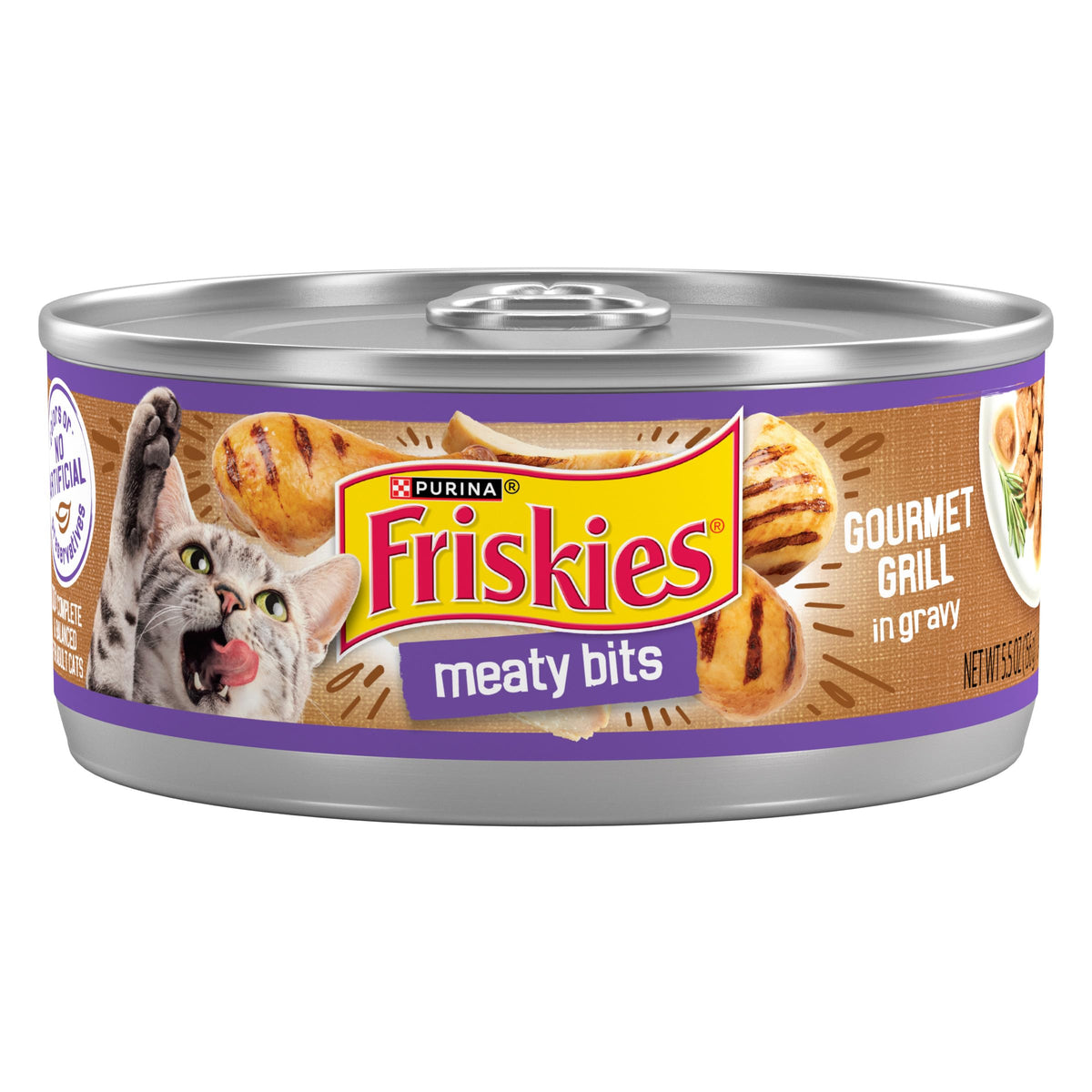 Friskies chat avec poulet en morceaux dans une sauce savoureuse.