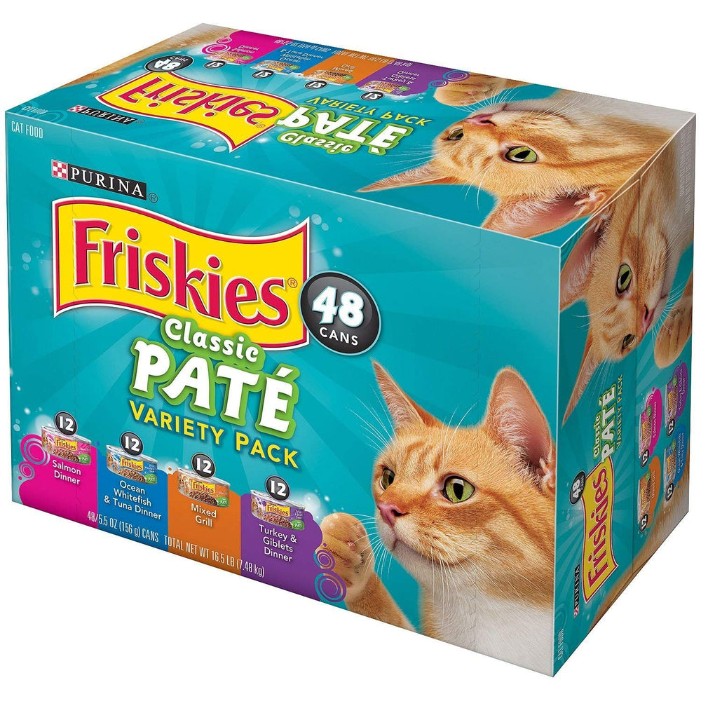 Friskies Classique Pâté – coffret variété, 48 boîtes, texture onctueuse pour repas quotidiens.