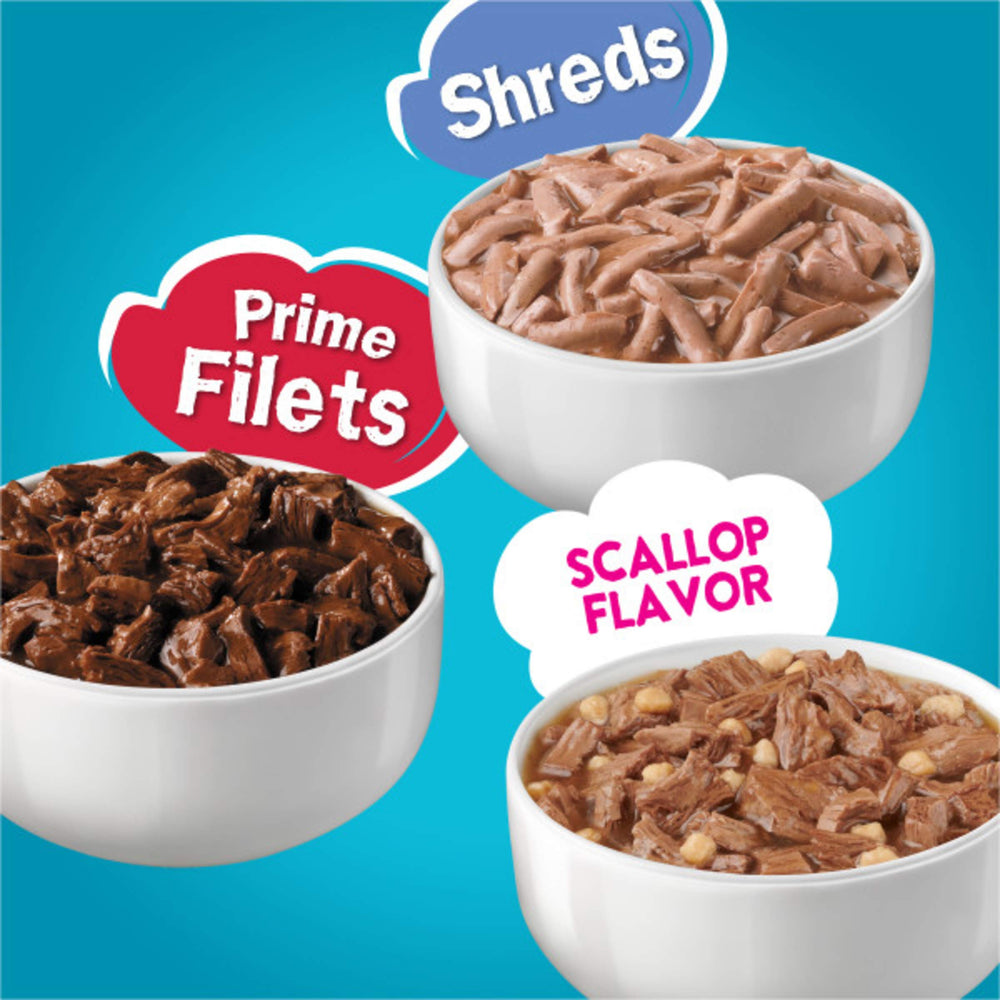 Friskies Délices marins thon et coquilles en sauce offrent des saveurs variées pour les repas.