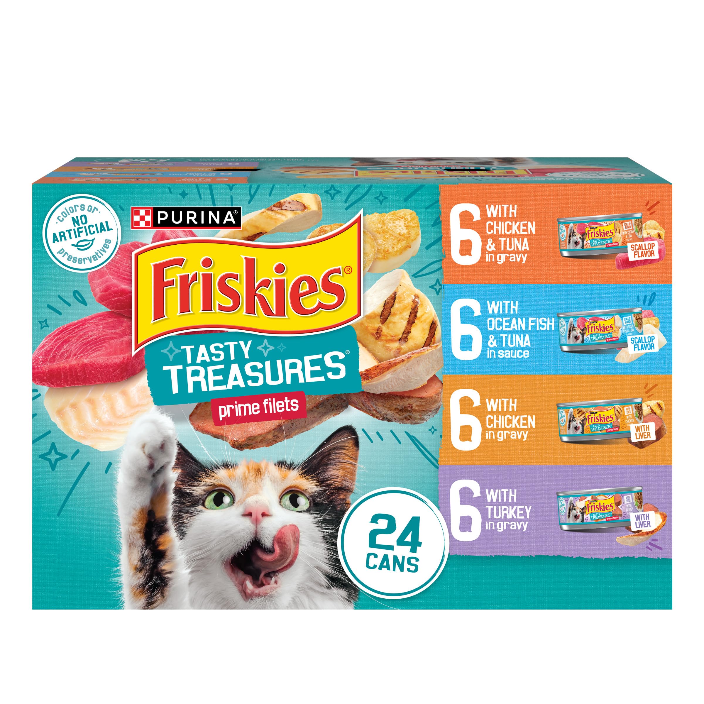 Emballage Friskies Tasty Treasures, pack de 24 boîtes, variété pratique pour les repas.
