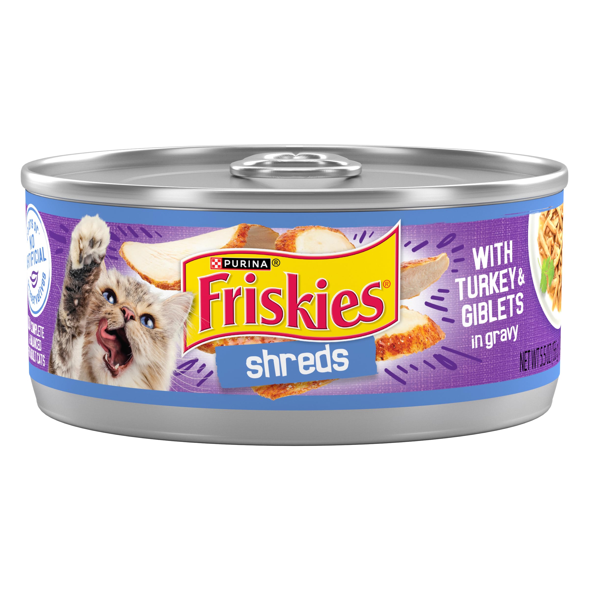 Friskies émincés dinde et abats en sauce, texture tendre pour stimuler l’appétit du chat.