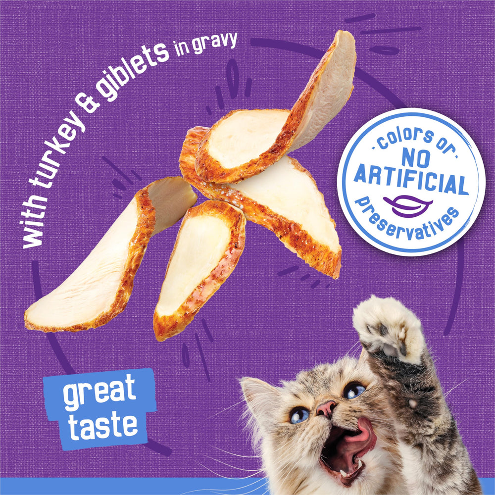 Friskies conserve humide, dinde et abats dans un jus riche et velouté.