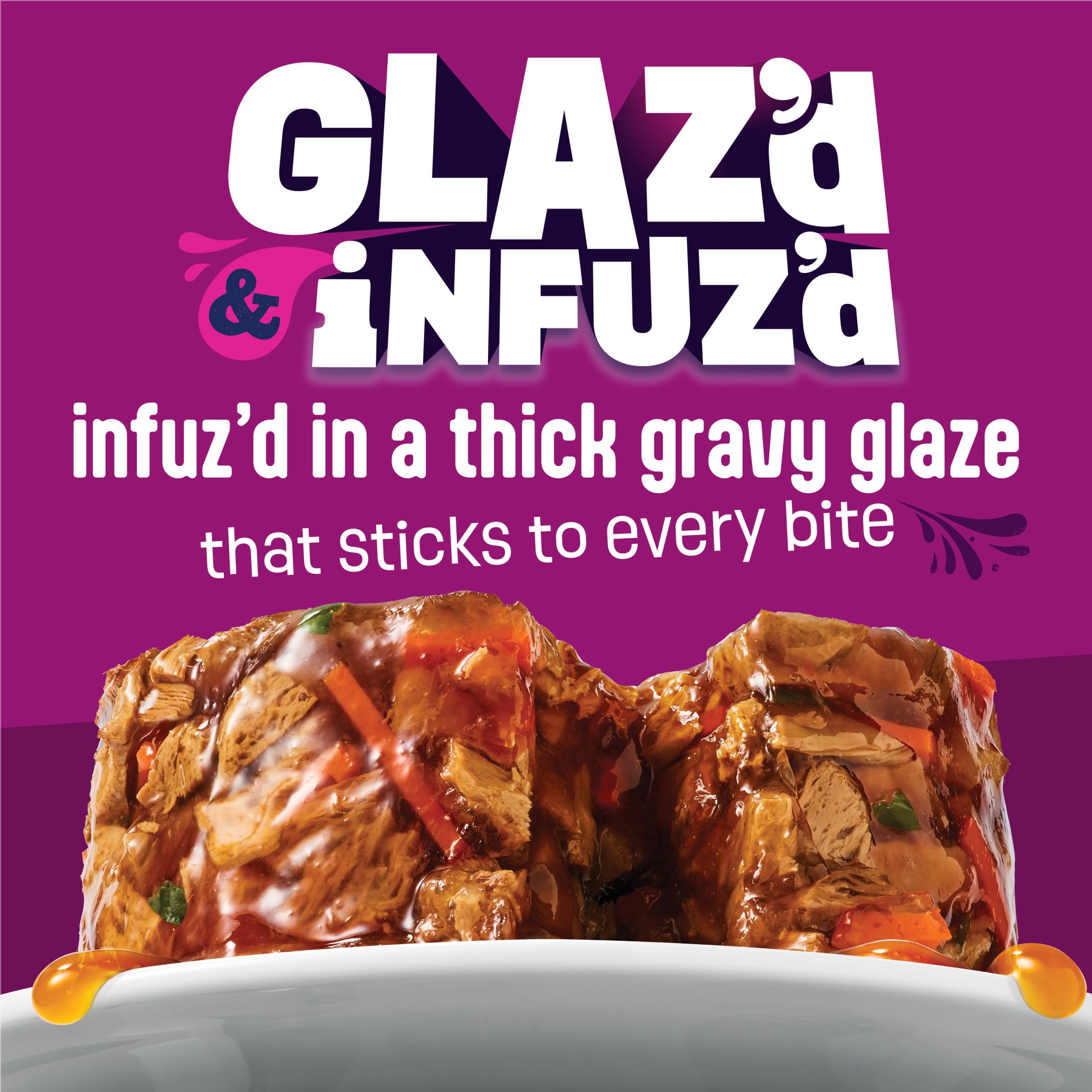 Friskies Glaz’d et Infuz’d crevettes en sauce, texture généreuse pour chats gourmands.