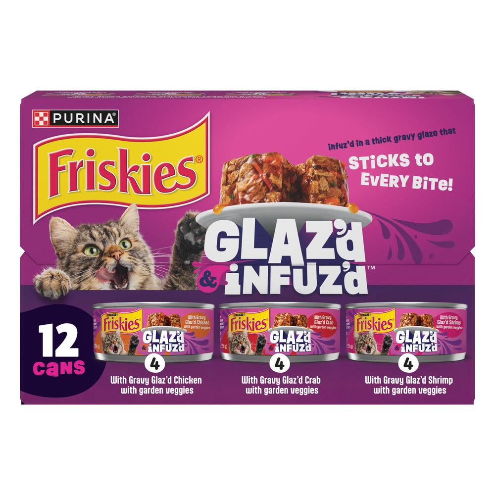 Friskies Glaz’d et Infuz’d poulet en sauce, repas appétissant pour chat adulte.
