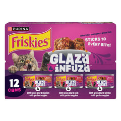 Friskies Glaz’d et Infuz’d poulet en sauce, repas appétissant pour chat adulte.