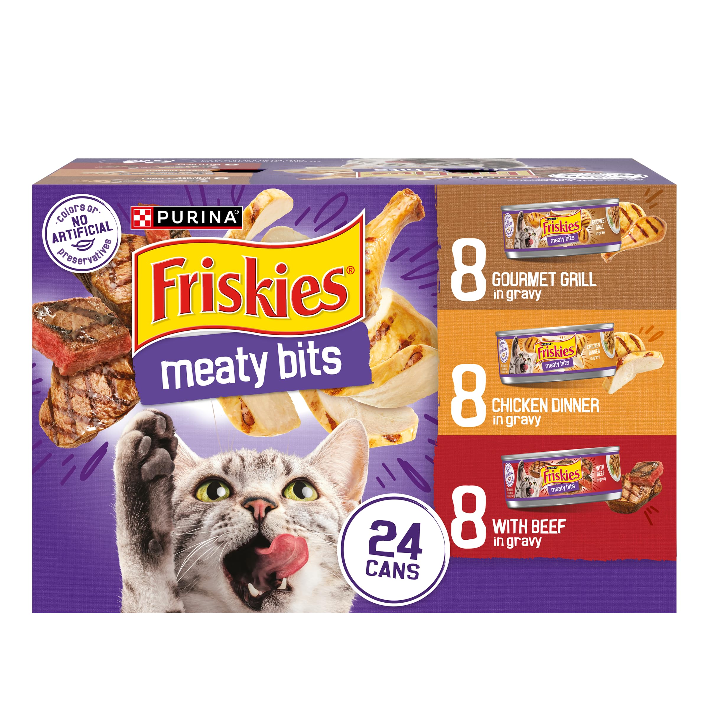 Friskies Gravy avec morceaux boeuf dans une sauce riche pour chats adultes.