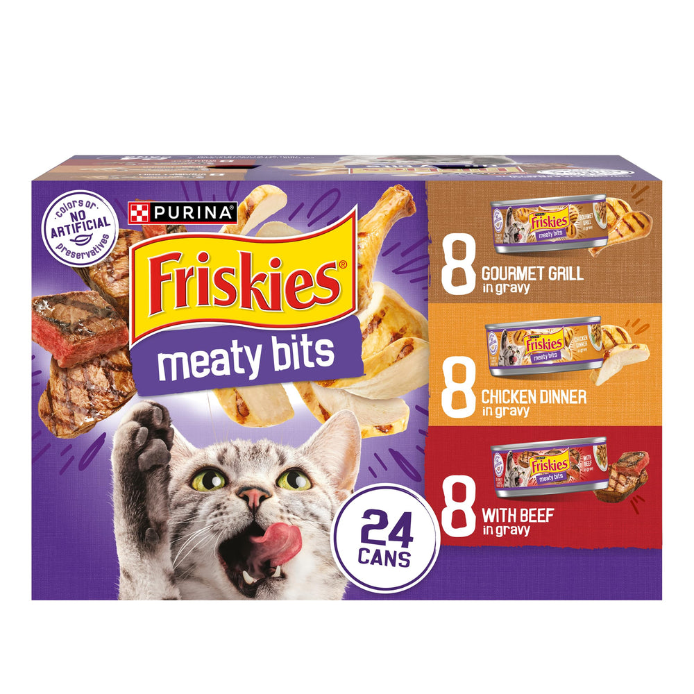 Friskies Gravy avec morceaux boeuf dans une sauce riche pour chats adultes.