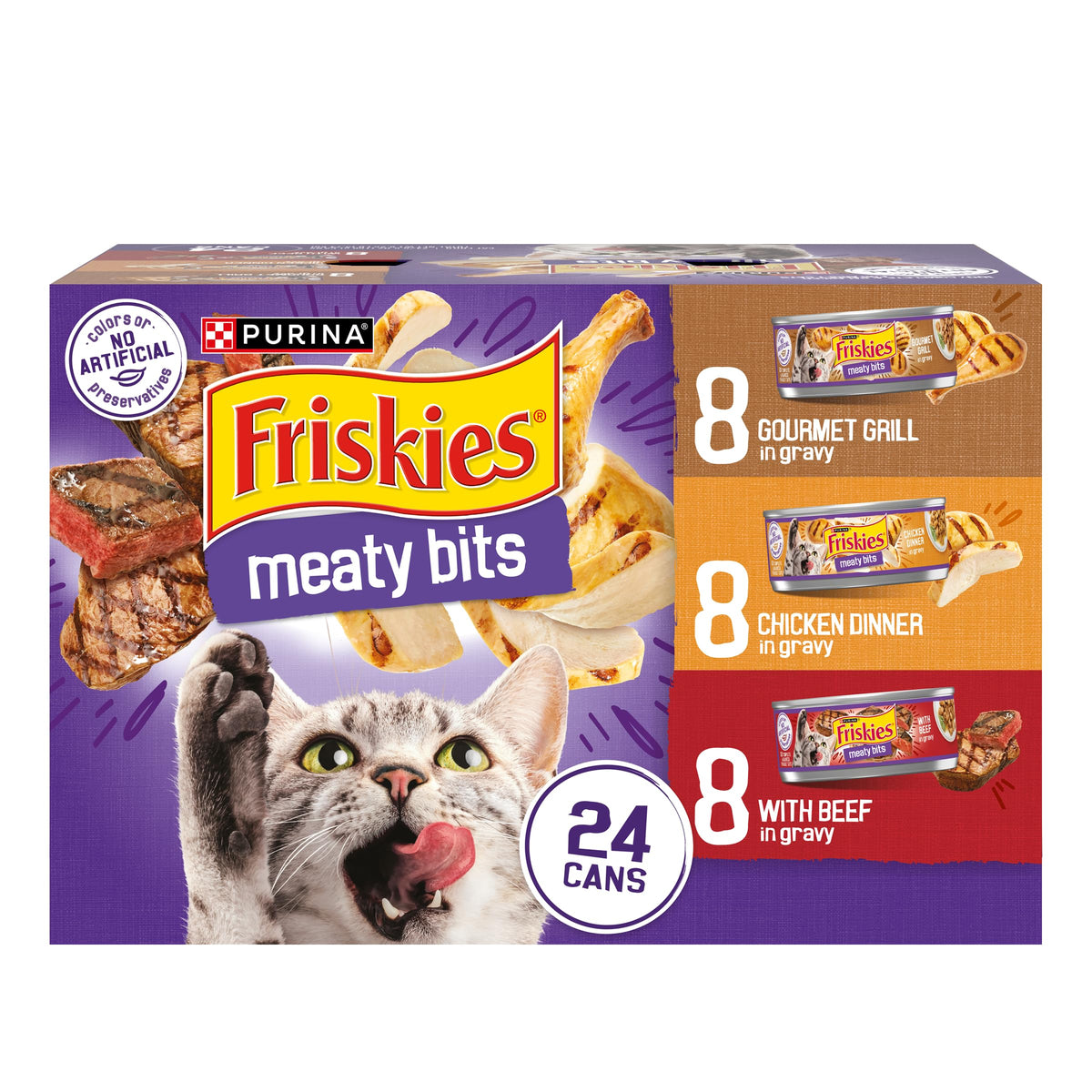 Friskies Gravy avec morceaux boeuf dans une sauce riche pour chats adultes.