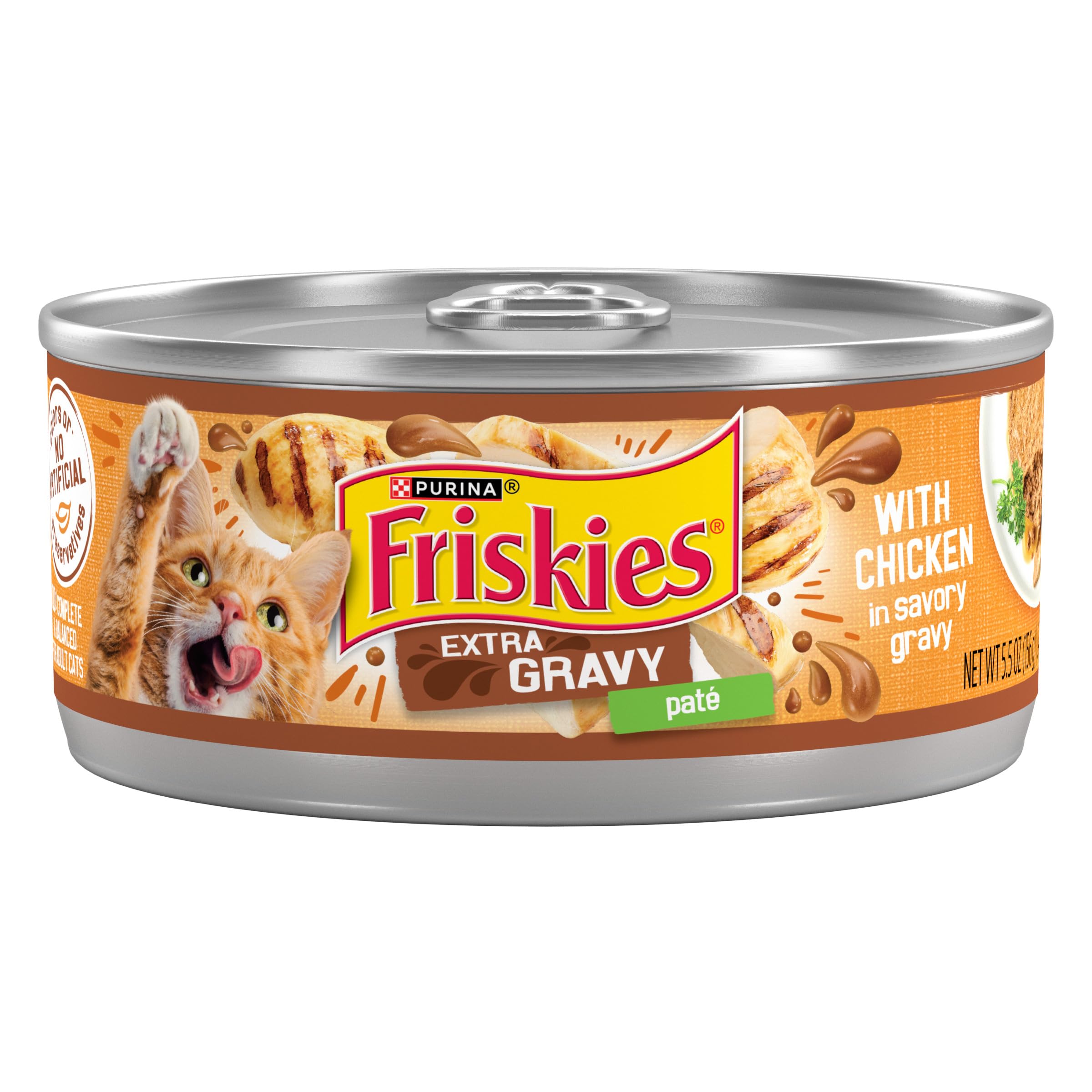 Friskies Gravy Pate au poulet – boîte visible, texture onctueuse pour un repas appétent.