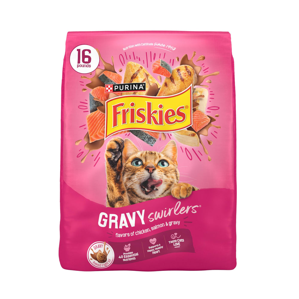 Friskies Gravy Swirlers, poulet et saumon, bouillon intégré pour un repas appétissant.