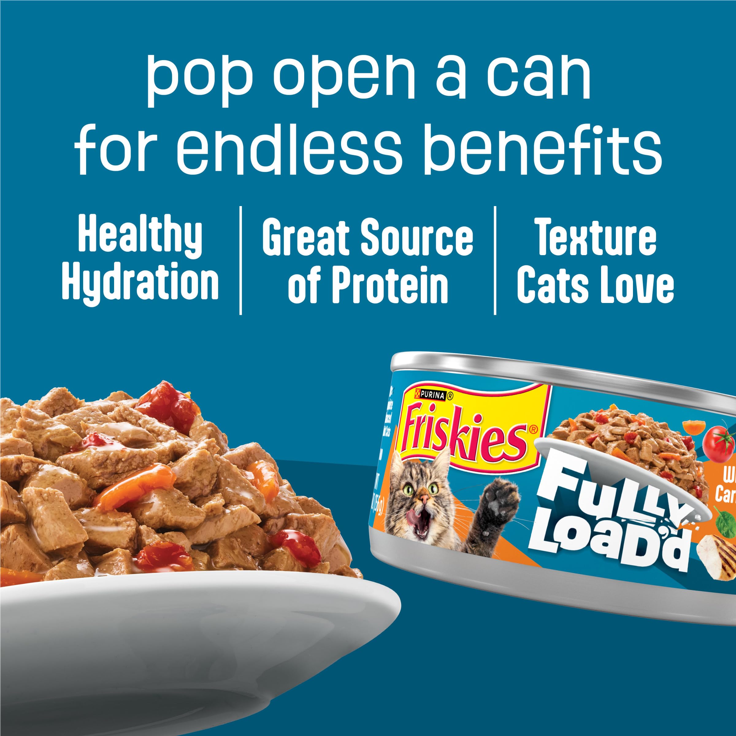 Légumes et poulet en sauce Friskies, texture appétissante pour chat.