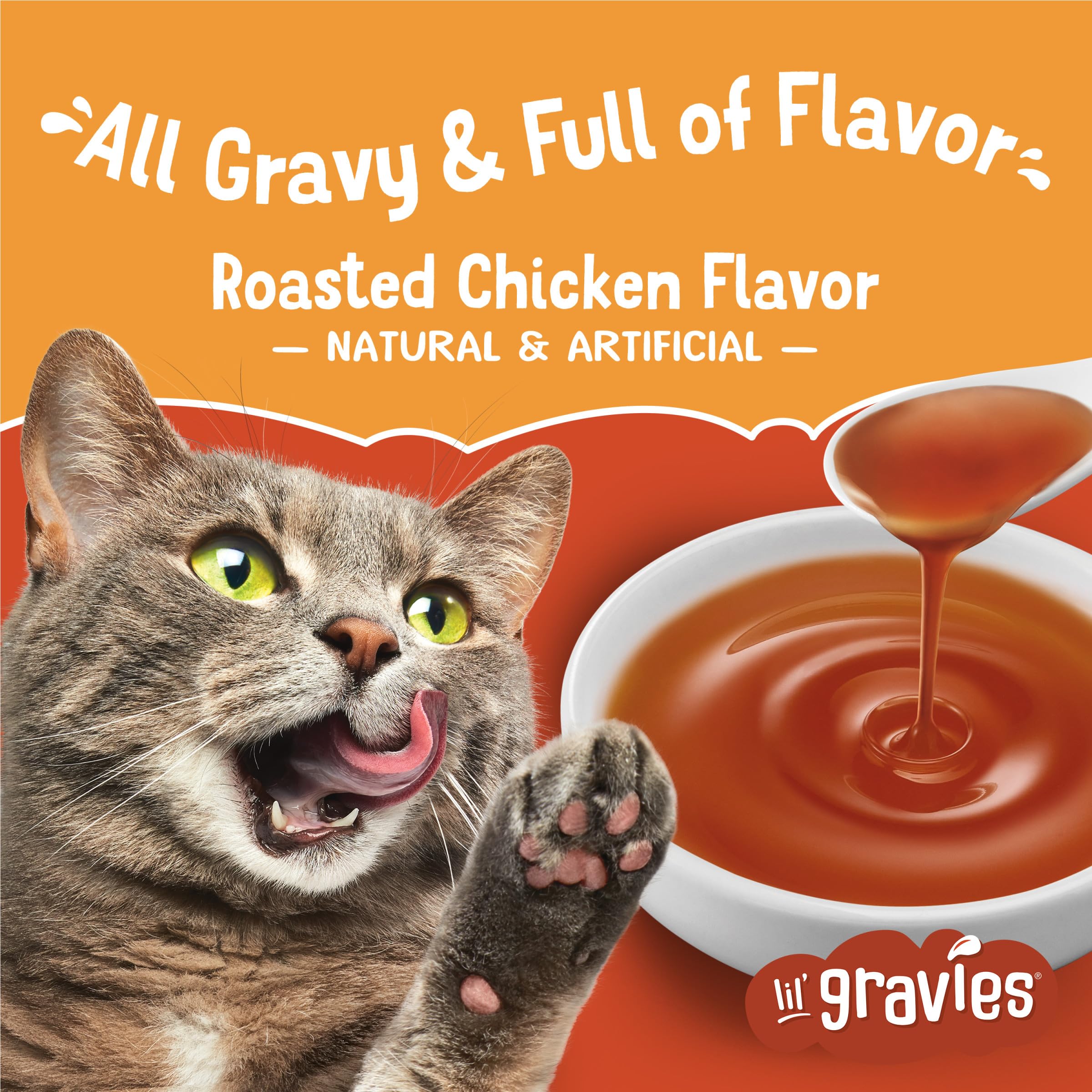 Sachet Lil' Gravies ouvert révélant une sauce onctueuse idéale comme topping pour croquettes