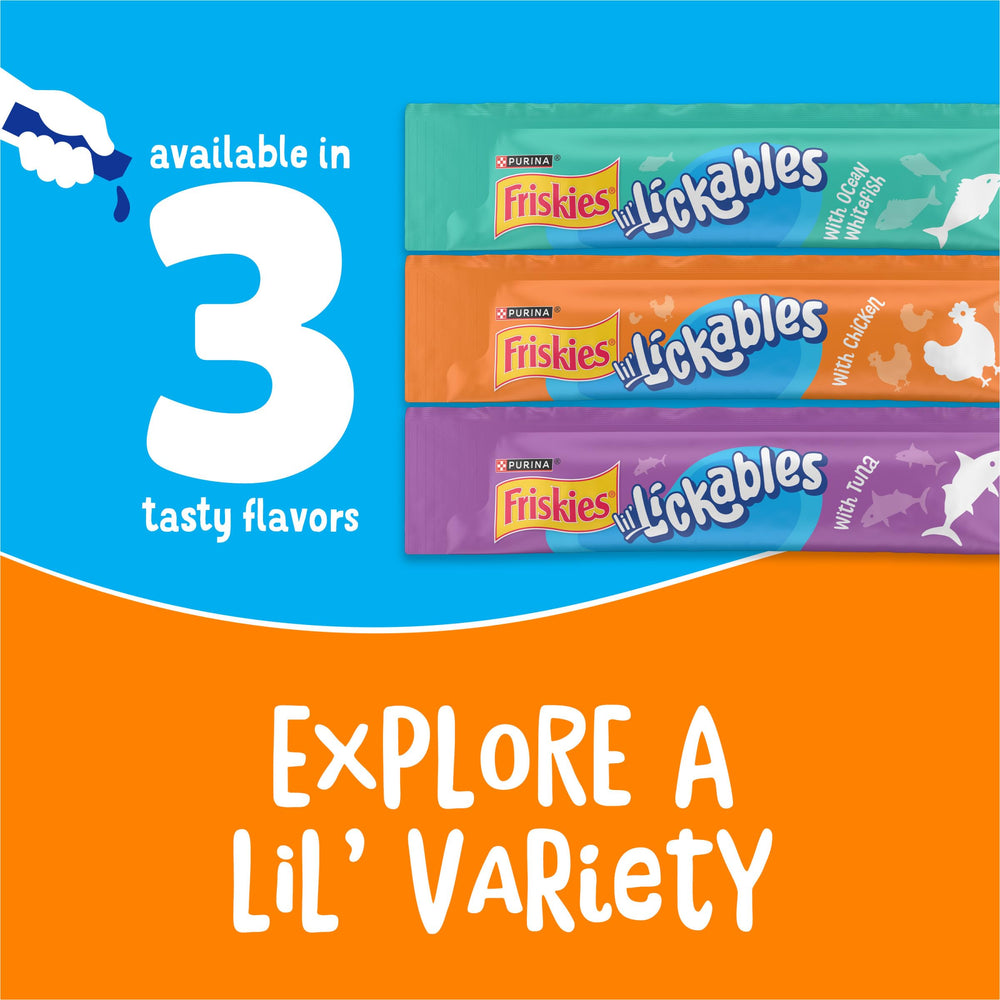 Friandise Lil’ Lickables Friskies tube arôme poulet, arôme attractif pour plaire au chat.