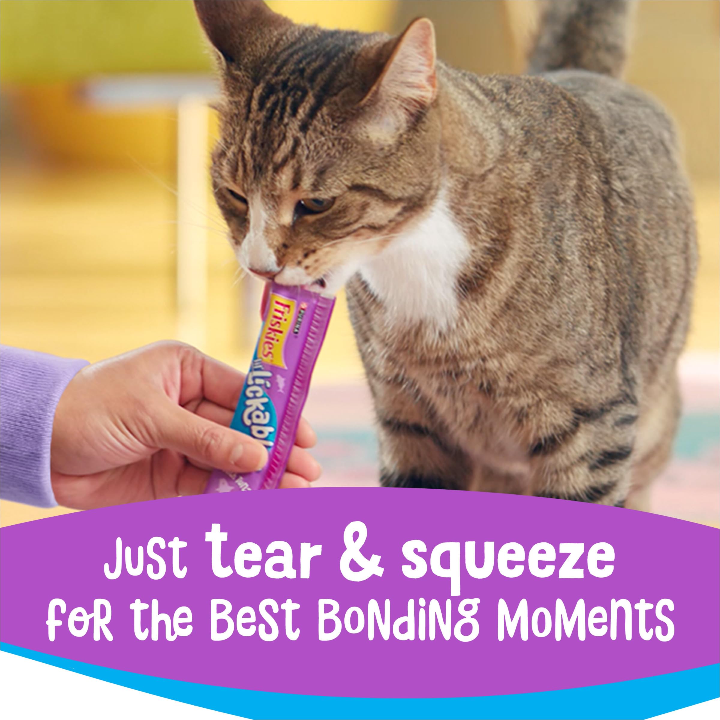 Friandise Lil’ Lickables Friskies tube snack chat, format pratique pour les moments câlins.