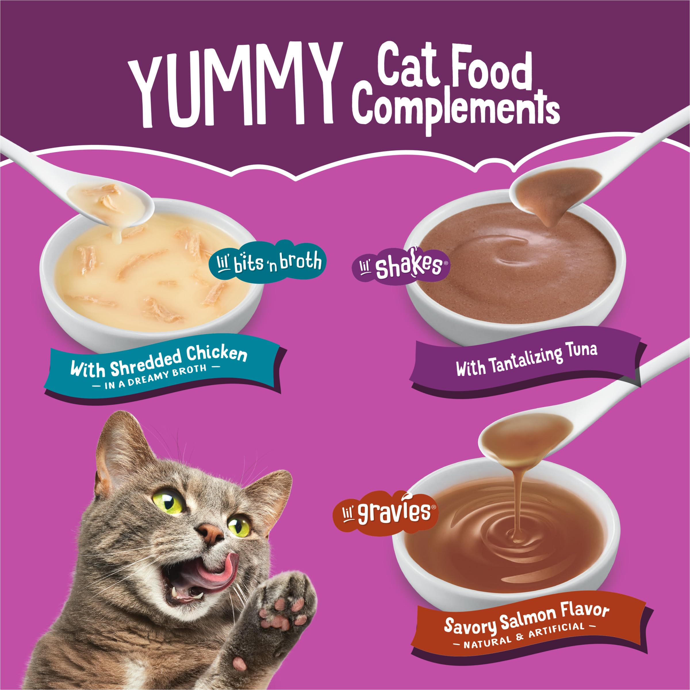 Friskies Lil' Shakes poulet, coco et lait, topping appétissant sur croquettes.