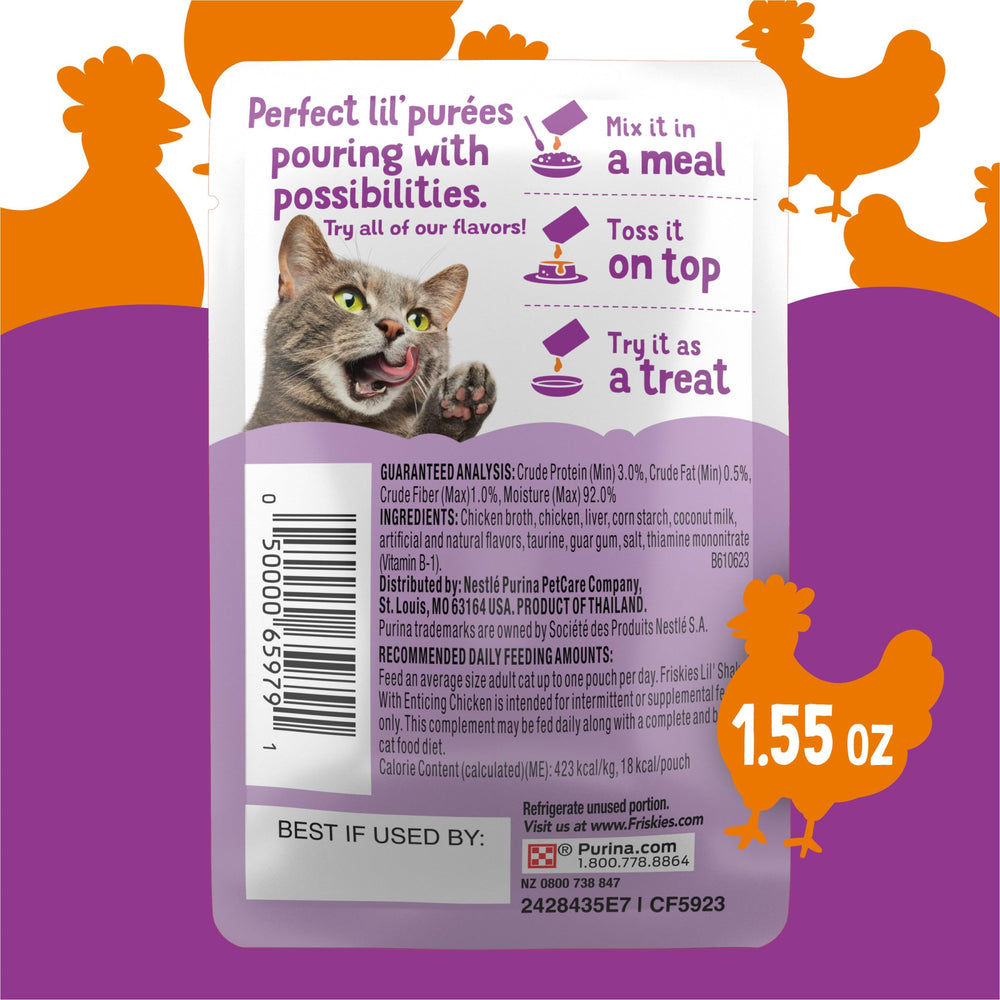 Friskies sachet Lil’ Shakes poulet, polyvalent en friandise et topping.