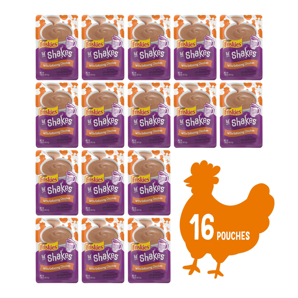 Friskies Lil’ Shakes poulet, purée lisse facilitant le léchage.