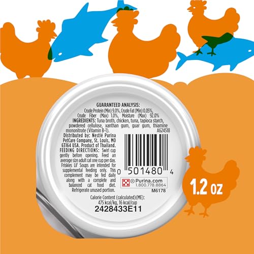 Friskies Lil' Soups: arôme thon et poulet, plaisir félin assuré.