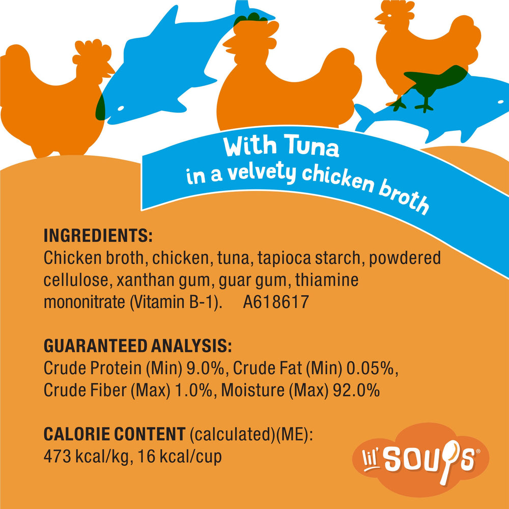 Purina Friskies Lil’ Soups complément thon en cup, facile à ajouter à la gamelle.