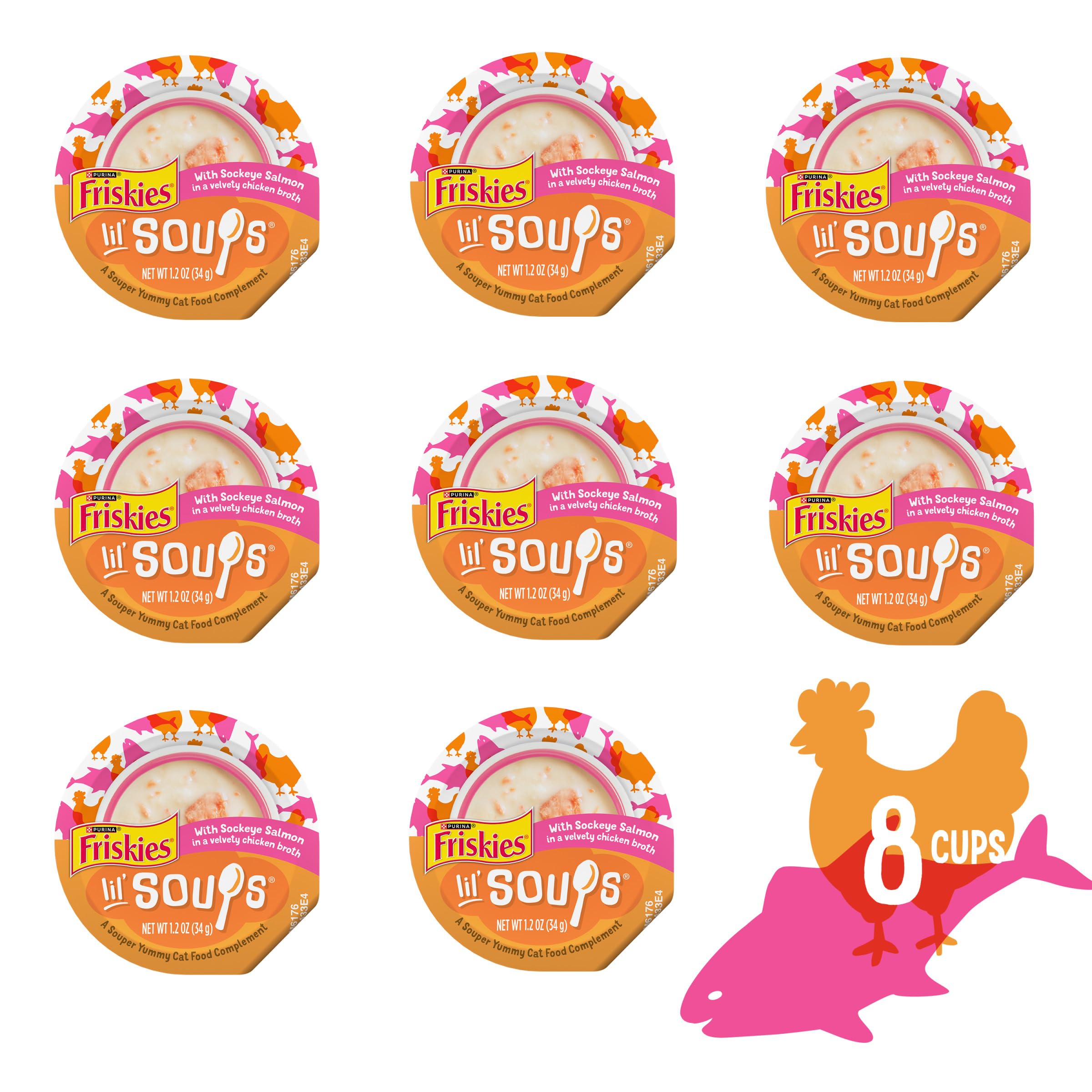 Purina Friskies Lil’ Soups saumon sans céréales, parfait pour offrir une saveur naturelle.