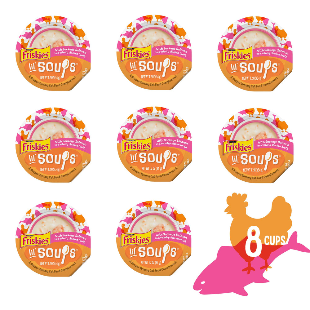 Purina Friskies Lil’ Soups saumon sans céréales, parfait pour offrir une saveur naturelle.