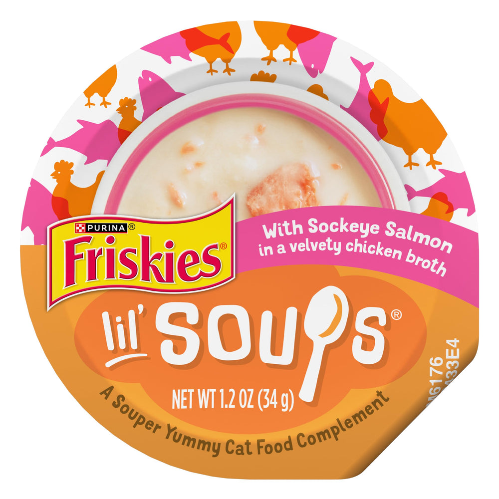 Purina Friskies Lil’ Soups saumon sockeye dans bouillon de poulet, régal pratique à servir.