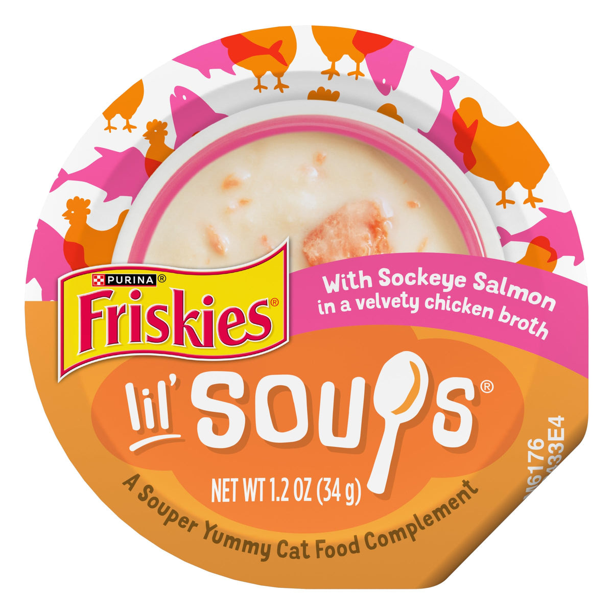 Purina Friskies Lil’ Soups saumon sockeye dans bouillon de poulet, régal pratique à servir.