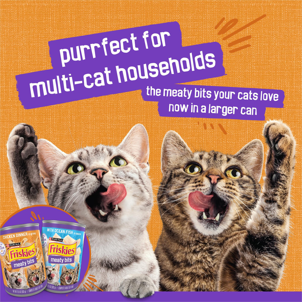 Friskies Meaty Bits poulet — texture de morceaux tendres appréciée par les chats.
