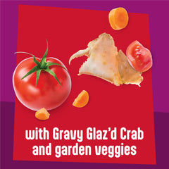 Morceaux généreux enrobés de gravy Friskies sur une assiette.