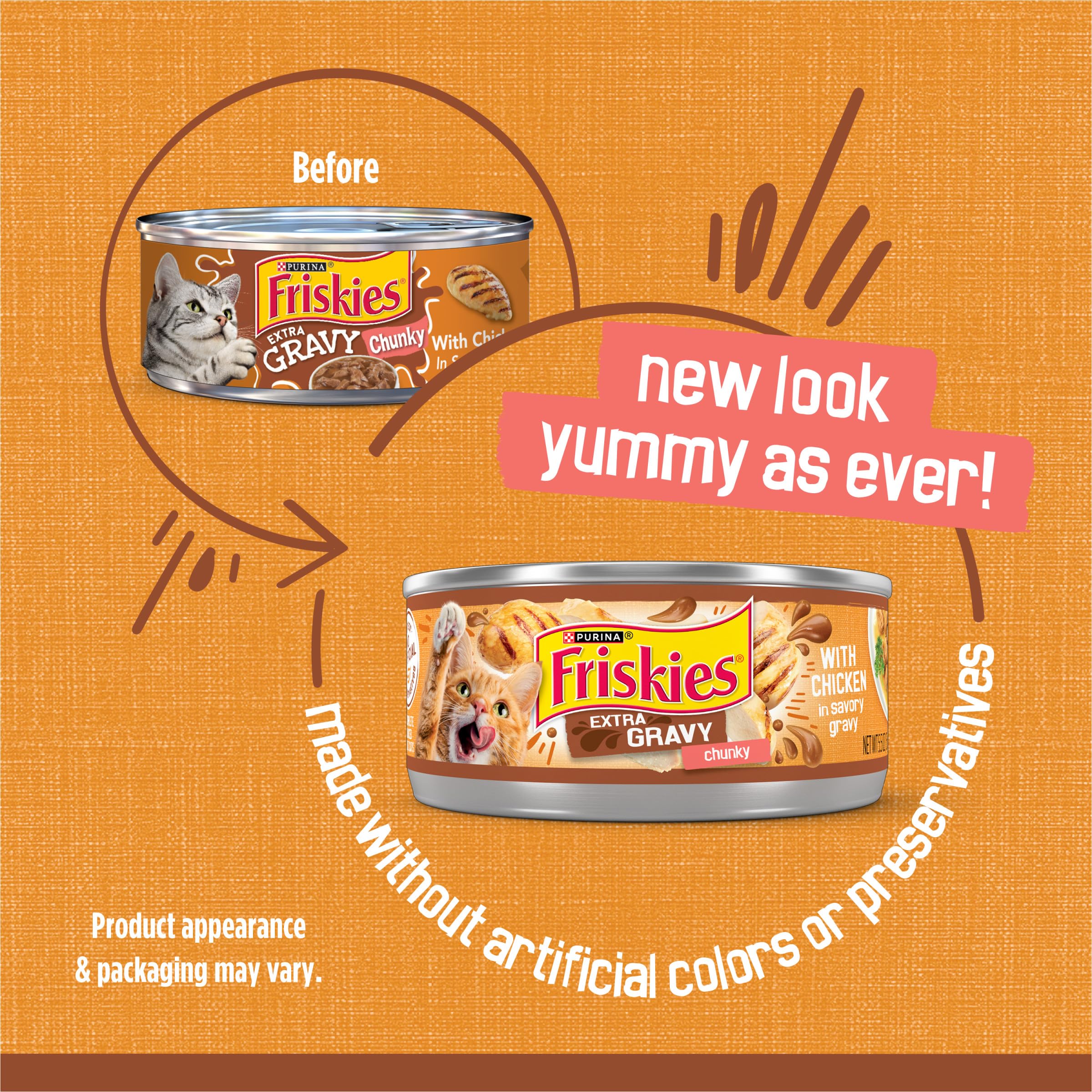 Friskies poulet morceaux tendres dans gravy, texture gourmande.