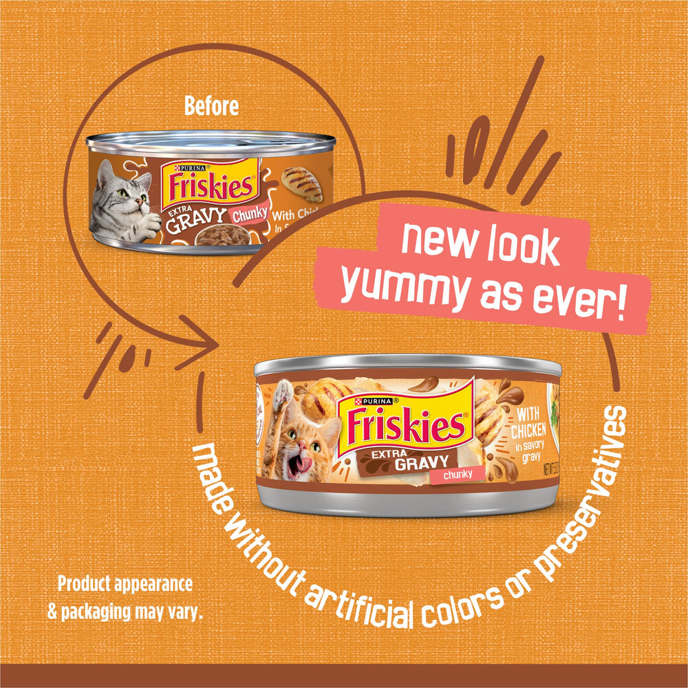 Friskies poulet morceaux tendres dans gravy, texture gourmande.