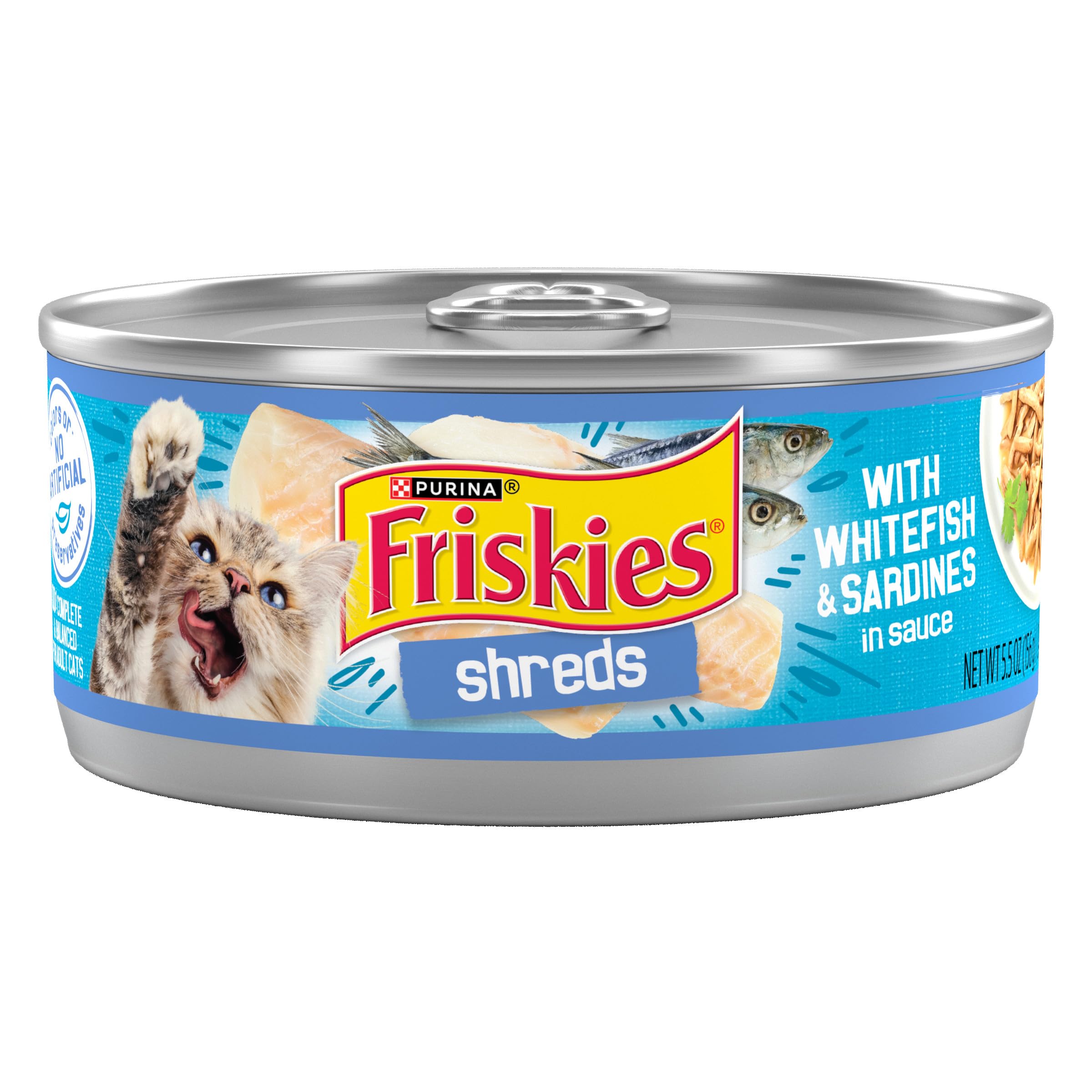 Purina Friskies morue blanche et sardines dans sauce, saveur marine qui attire l'appétit du chat.