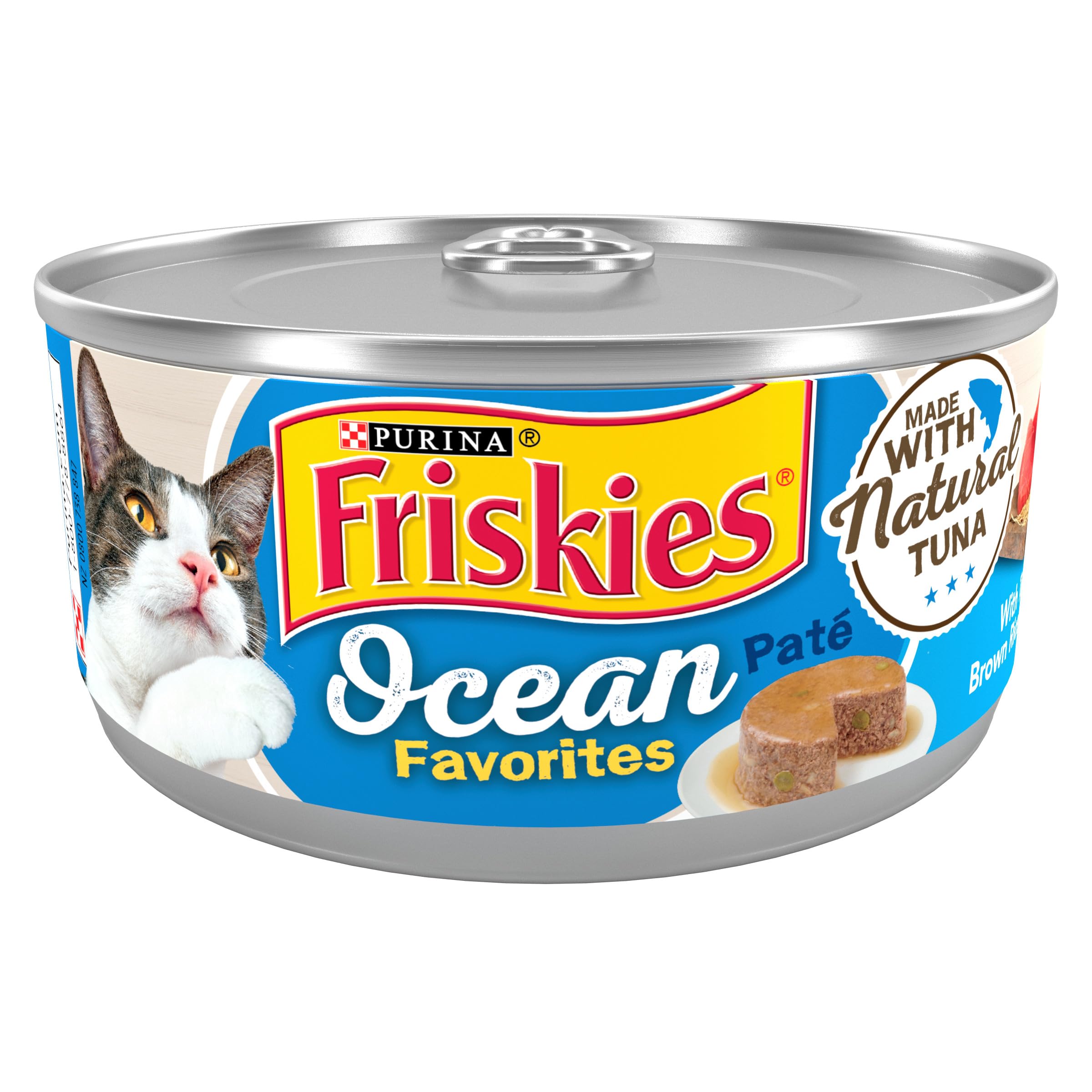Friskies Ocean Favorites Pâté au thon naturel avec riz brun et pois, présentation appétissante