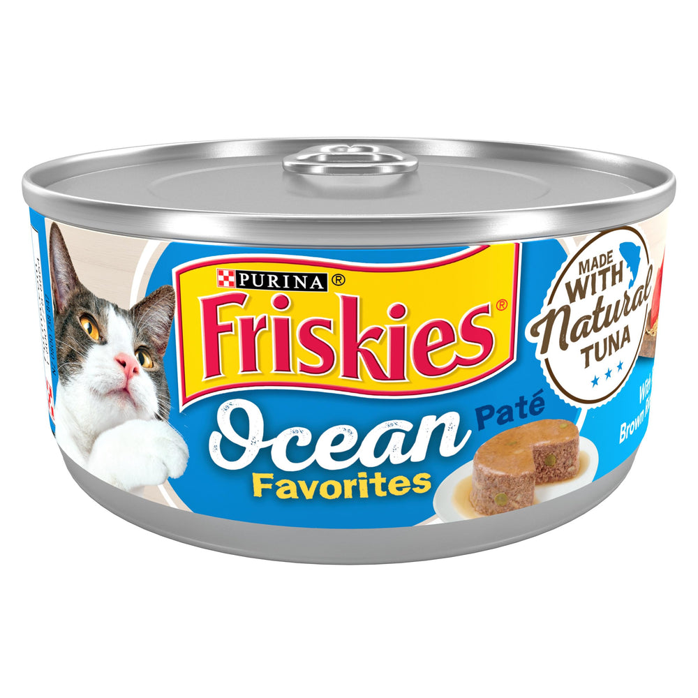 Friskies Ocean Favorites Pâté au thon naturel avec riz brun et pois, présentation appétissante