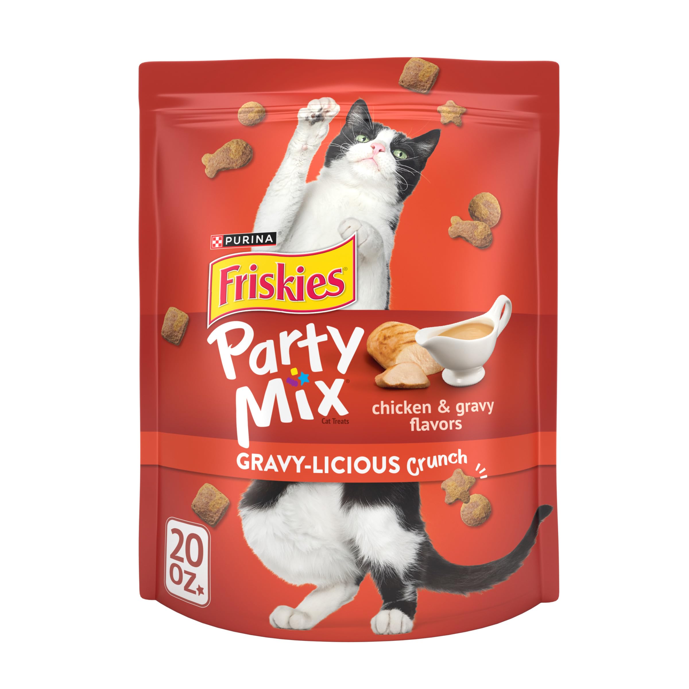 Friskies Party Mix ouverture du sachet, récompense savoureuse prête à servir.