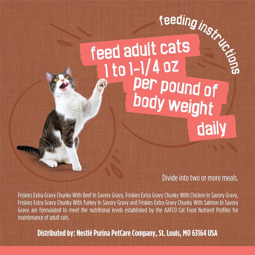 Friskies: nourriture humide chat quatre recettes, texture appétissante.