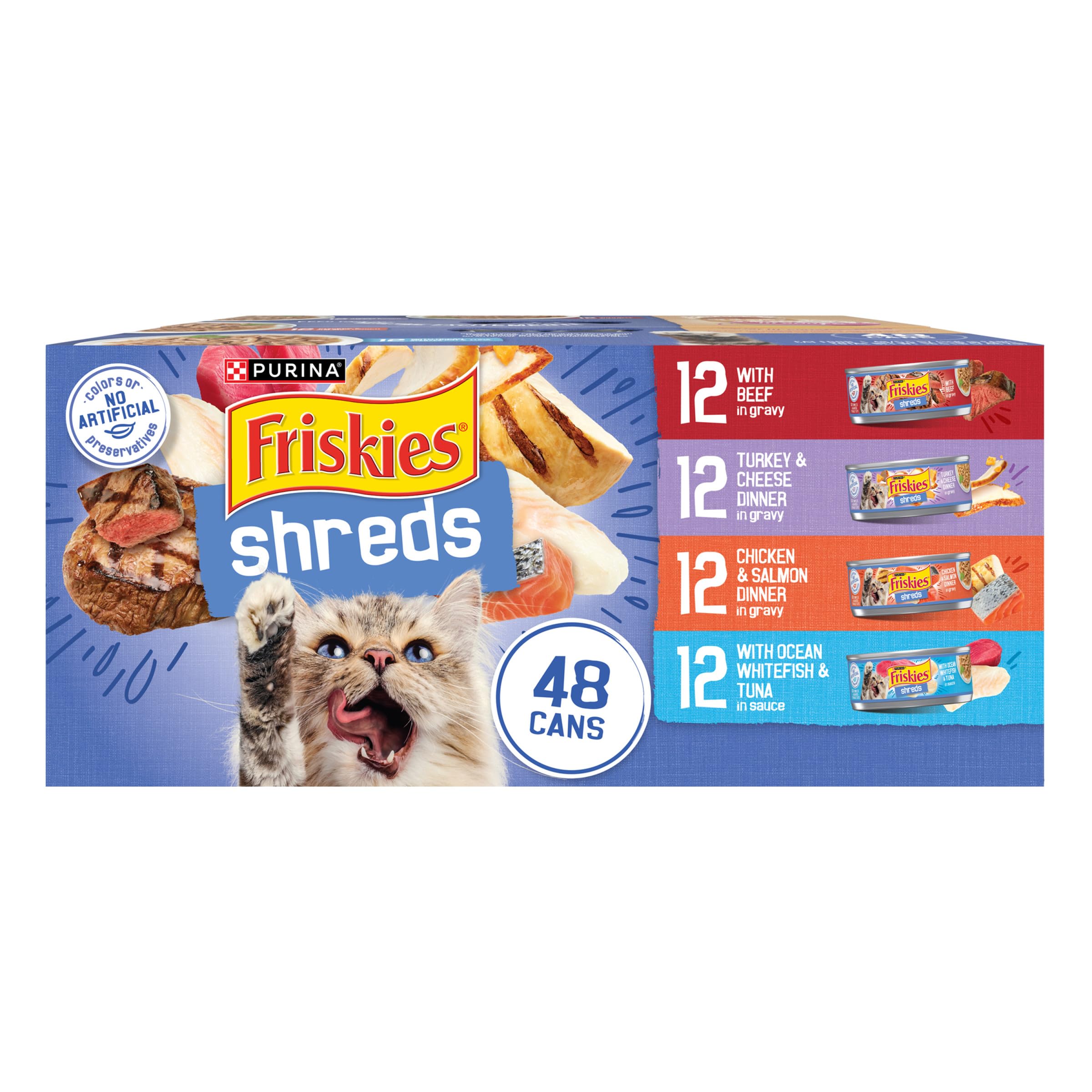 Pack varié Friskies pour chats avec quatre saveurs et boîtes pratiques.