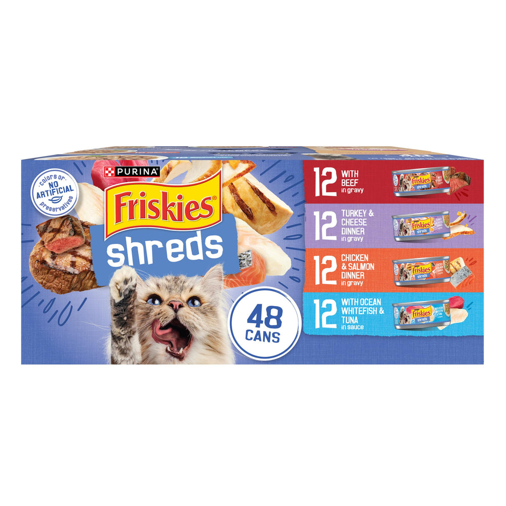 Pack varié Friskies pour chats avec quatre saveurs et boîtes pratiques.