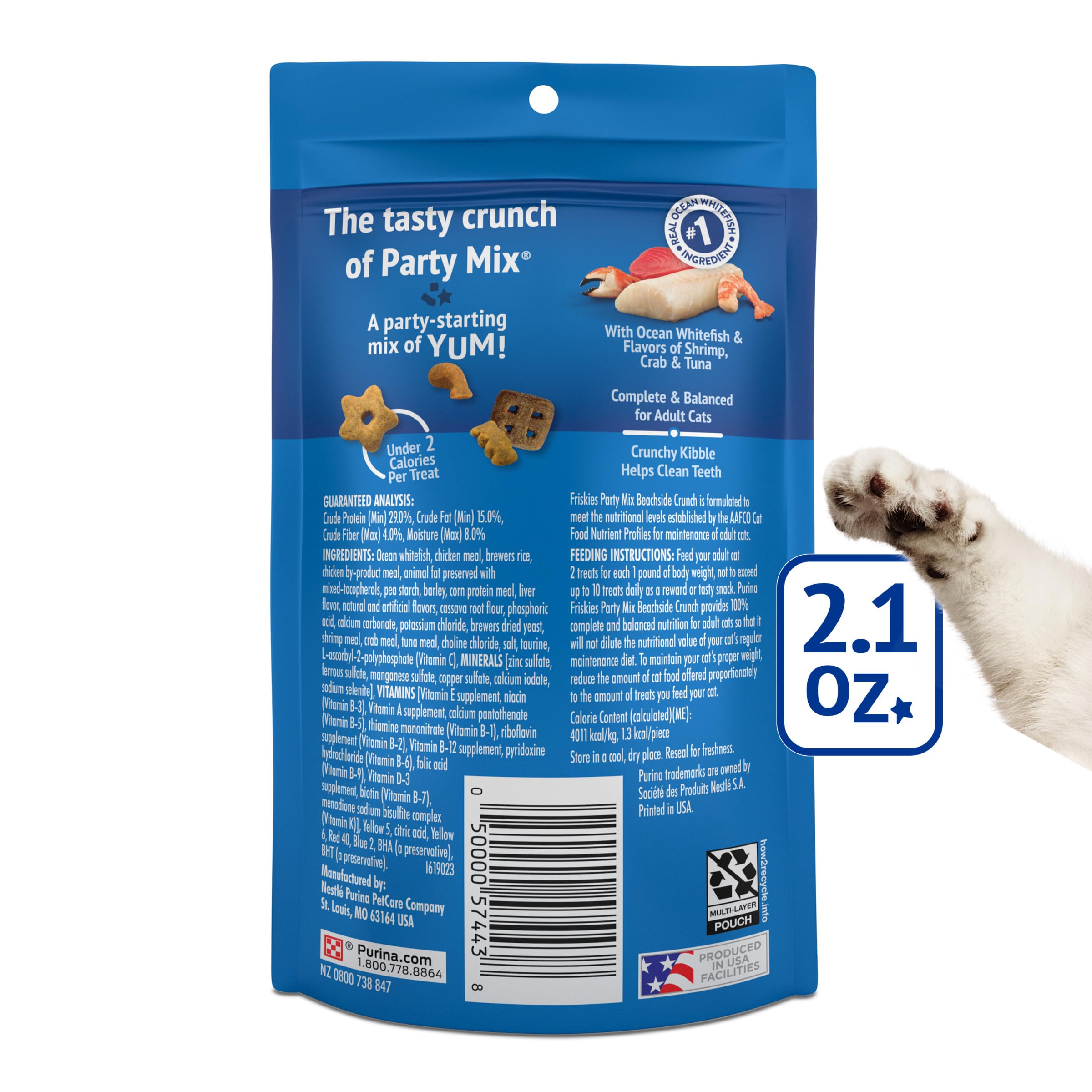 Friskies Party Mix Beachside Crunch fabriqué dans des usines Purina aux États‑Unis.