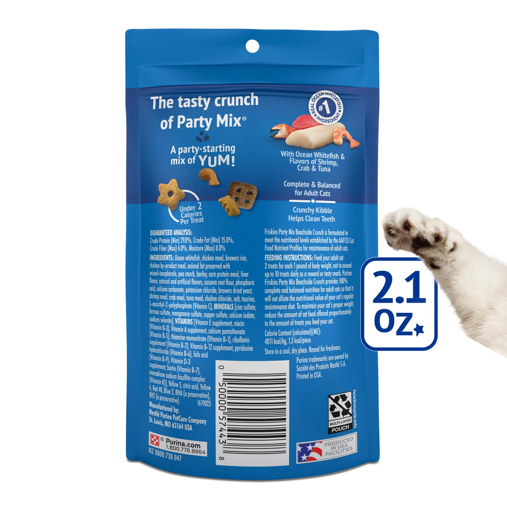 Friskies Party Mix Beachside Crunch fabriqué dans des usines Purina aux États‑Unis.