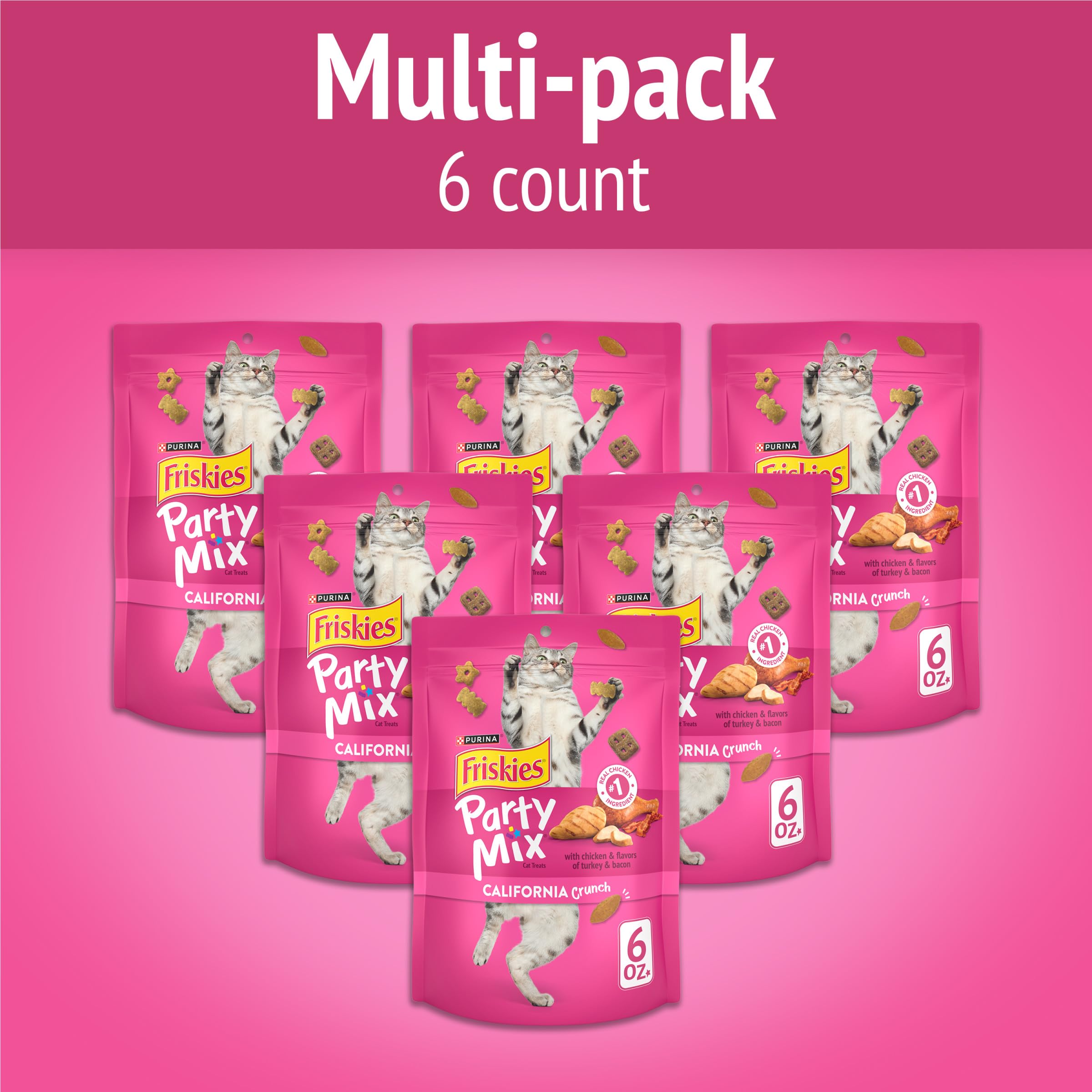 Purina Friskies Party Mix California Crunch poulet, sachets pratiques et frais après ouverture.