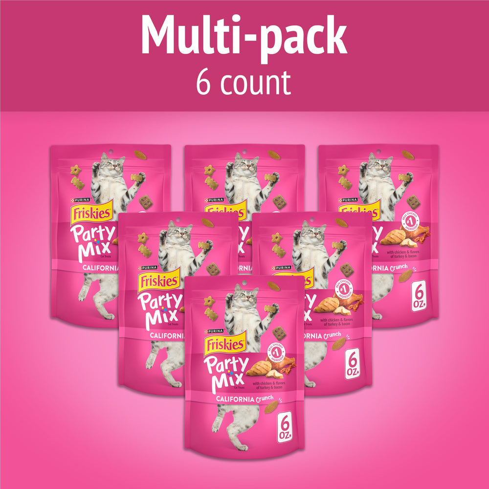 Purina Friskies Party Mix California Crunch poulet, sachets pratiques et frais après ouverture.